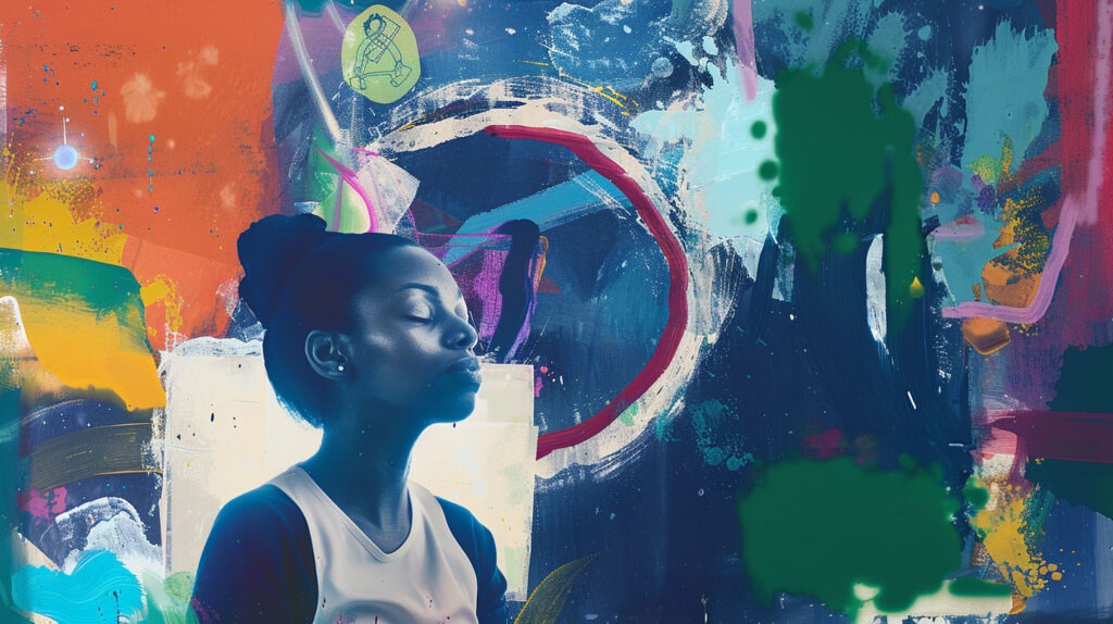 Frau in Meditation, umgeben von lebendigen Farben und spirituellen Symbolen – Energetische Reinigung und Hoffnung