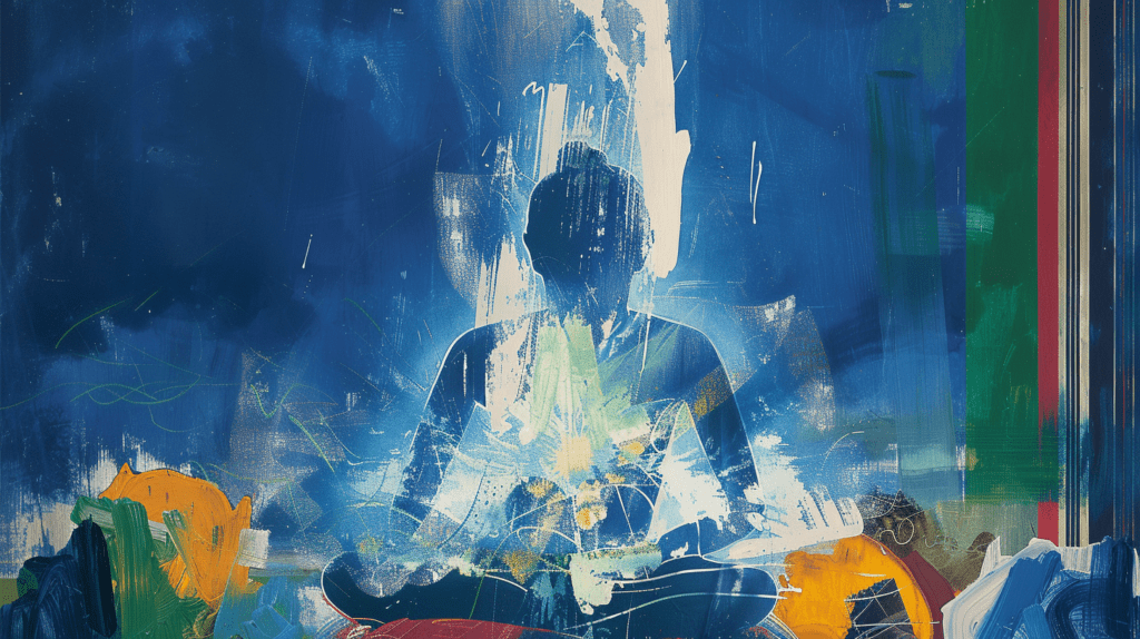 Abstrakte Darstellung einer meditierenden Figur, eingebettet in kraftvolle Pinselstriche – Spirit Release Therapy (SRT)