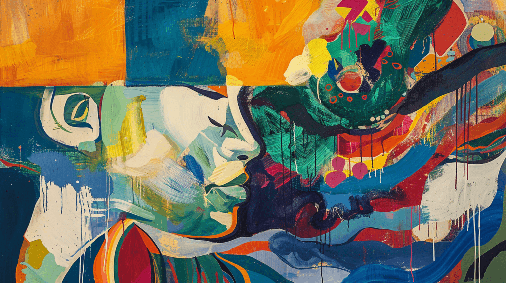 Buntes, abstraktes Gemälde mit dynamischen Formen und Strichen – Energie der schamanischen Seelenrückholung