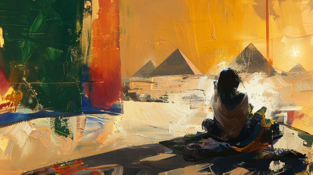 Person blickt auf Gizeh-Pyramiden, gemalt in kräftigen, expressiven Farbtönen – Essenz von Sekhem Energy Healing